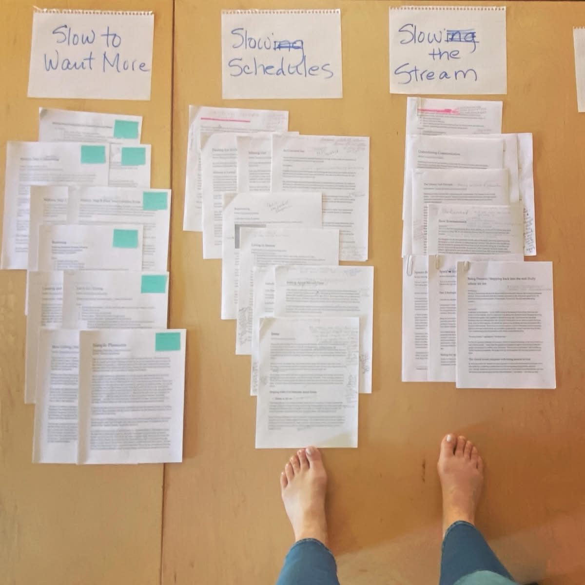 Book chapters laid out on a table during the writing process